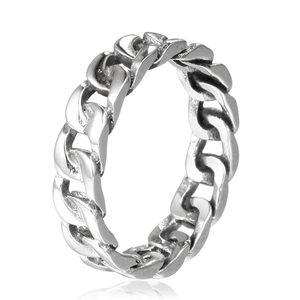 Punk style stainless steel chain ring for men in vintage silver finish on white background