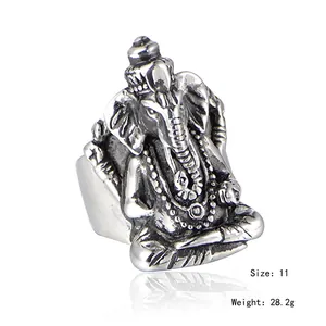 Vintage stainless steel Ganesha ring for men with antique silver finish, size 11, 28g