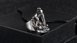 Detailed relief of Lord Ganesha on a silver stainless steel ring for men