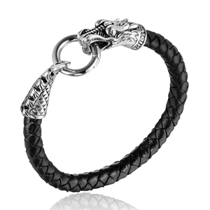 Vintage Stainless Steel Dragon Head Braided Leather Bracelet For Men Punk Biker Jewelry Retro Silver Clasp Handwoven Bracelet