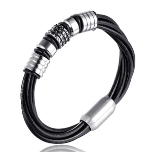 Men's Woven Leather Bracelet Stainless Steel Rhinestone Multi-Layer Cord Bracelet With Magnetic Clasp Fashion Hand Jewelry