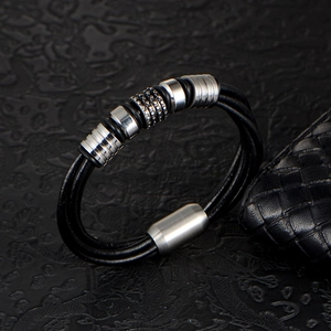 Men's multi-layer braided leather bracelet with magnetic clasp and steel beads