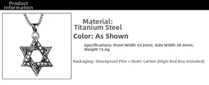 Detailed specs of stainless steel hexagram pendant showing dimensions and silver finish
