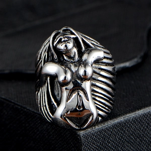 Vintage stainless steel punk ring featuring 3D gothic female relief in silver finish