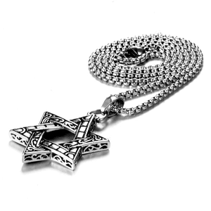 Vintage Star of David stainless steel pendant on box chain in antique silver finish