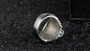 Détail macro d'une bague lion en acier poli avec textures gaufrées de style punk