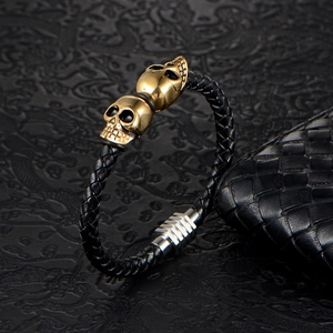 Handwoven double leather skull bracelet for men with steel magnetic clasp accessory