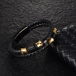 Men's double-layered black braided leather bracelet with gold and black steel beads