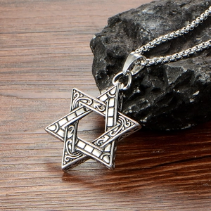 Vintage stainless steel Star of David pendant necklace with hexagram totem and chain