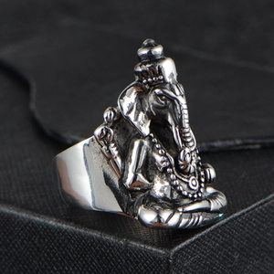 Vintage stainless steel Lord Ganesha ring with detailed antique silver relief finish
