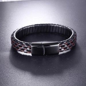 Men's minimalist braided black leather bracelet with brown cord and magnetic metal clasp