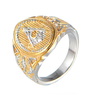 Two-tone stainless steel Freemason G ring with gold and silver oval compass face