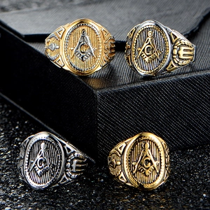 Vintage stainless steel Freemasonry ring with gold and silver G symbol emblem