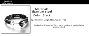 Close-up of black braided leather anchor bracelet with silver stainless steel clasp
