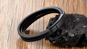 Détail d'un bracelet multicouche en cuir noir avec fermoir magnétique en métal mat