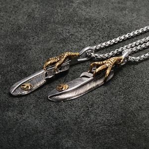 Retro titanium steel feather eagle claw pendant necklace with Indian tribal style textures