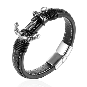 Bracelet Ancre Nautique pour Homme Cuir Tressé Acier Inoxydable Fermoir Magnétique Style Punk Bijoux de Marin Accessoire Cadeau