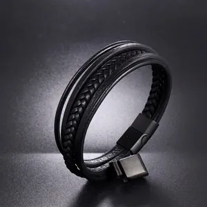 Men's multilayer black braided leather bracelet with matte black magnetic buckle closure