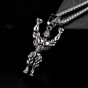 Polished silver bodybuilder pendant on a box chain for men's fitness style
