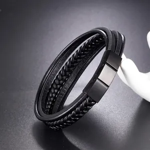 Men's multi-layer black braided leather bracelet with brushed metal magnetic clasp