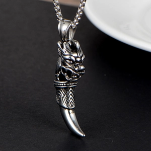 Collier en acier titane pour homme avec pendentif tête de dragon et dent de loup sur fond noir