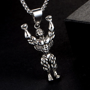 Polished stainless steel bodybuilder muscle man pendant on box chain necklace