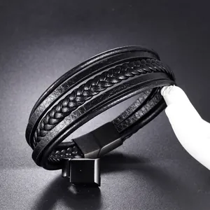 Men's multilayer black braided leather bracelet with matte black stainless steel clasp