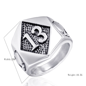 Men's stainless steel ring with 13 engraving and skull details, 23mm width