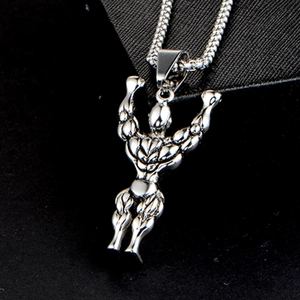Polished stainless steel bodybuilder pendant necklace for men with sturdy box chain