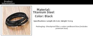 Détail du bracelet multicouche en cuir tressé noir avec fermoir en acier titane 20,5cm