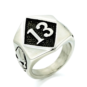 Retro stainless steel biker ring with number 13 dial and skull side engravings