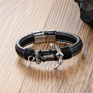 Bracelet en cuir pour homme avec pendentif ancre vintage et fermoir magnétique en acier