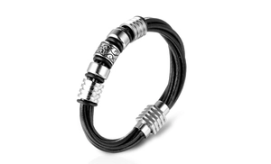 Detail of multi-layer woven leather bracelet with embossed silver beads and magnetic clasp
