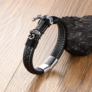 Bracelet pour homme en cuir noir avec ancre en acier inoxydable et fermoir magnétique