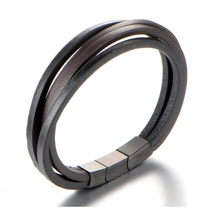 Bracelet en Cuir et Acier Inoxydable pour Homme Corde Tressée Multicouche Fermoir Magnétique Bijoux de Main Mode Punk Décontracté
