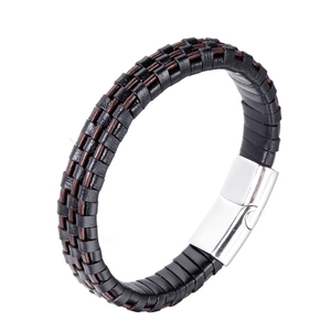 Men's fashion braided leather bracelet with black and brown patterns and silver magnetic clasp