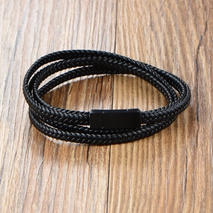 Men's triple-layer black braided leather bracelet with rectangular magnetic clasp