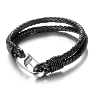 Bracelet pour Homme en Cuir Tressé en Acier Inoxydable Avec Fermoir Mousqueton Style Punk Cordon Noir Bijoux de Mode