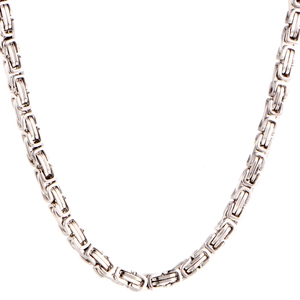 Detail of silver 316L stainless steel Byzantine chain showing classic woven texture