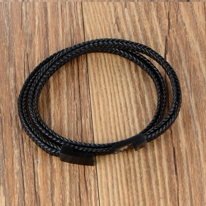 Men's multi-layer black braided leather bracelet with black magnetic metal clasp