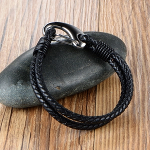 Bracelet pour homme en cuir tressé noir double épaisseur avec grand crochet en métal