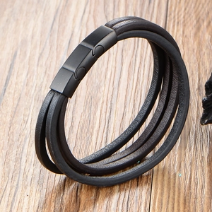 Bracelet multicouche pour homme en cuir noir avec fermoir magnétique en métal mat