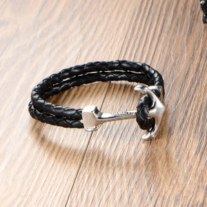 Mens nautical black braided leather bracelet with a silver stainless steel anchor clasp