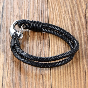 Bracelet pour homme en cuir tressé et acier titane avec fermoir à crochet argenté