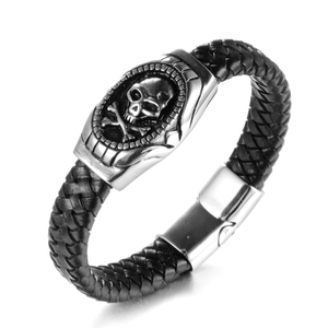 Bracelet Tressé en Cuir Acier Inoxydable Crâne Punk Homme Gothique Avec Fermoir en Métal Bijoux de Mode Cadeau Noir Argent