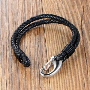 Bracelet tressé pour homme en cuir avec fermoir mousqueton en acier inoxydable