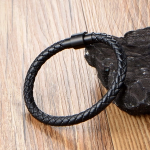 Handcrafted black braided leather bracelet with high-quality magnetic metal clasp