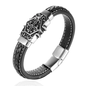 Men Vintage Punk Braided Leather Bracelet Stainless Steel Magnetic Buckle Gothic Crest Shield Carved Wristband Jewelry