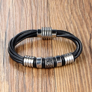 Men's retro multi-layer braided leather bracelet with engraved stainless steel beads