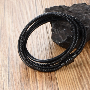 Bracelet multicouche en cuir tressé noir pour homme avec fermoir en acier inoxydable